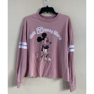 Walt Disney World Size L Mickey Crew Neck Pink Rosegold Raw Hem Sweatshirt